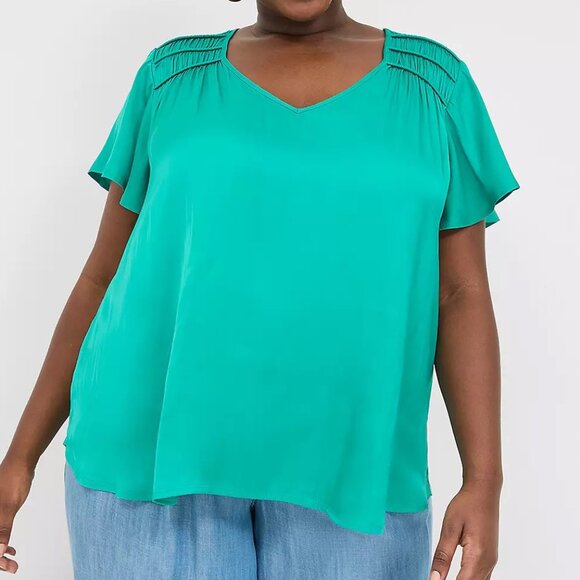 Lane Bryant Satin Smocked Shoulder Blouse - Picture 1 of 6